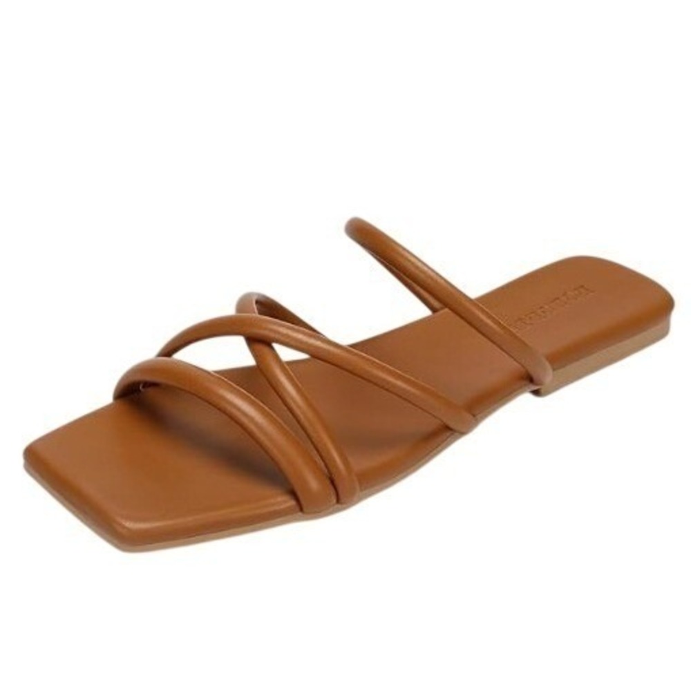 Dobolin Womens Strappy Flat Sandals Cognac Brown Square Toe Slide Sandals‎